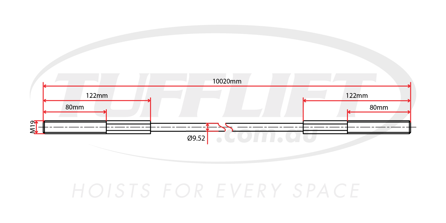 This image is a technical drawing of a hoist cable with a total length of 10020mm. The cable has a diameter of 9.52mm and features M19 threads at each end. It includes detailed segment dimensions, with 80mm and 122mm sections on both sides. This cable drawing provides precise specifications necessary for installation and usage in hoisting systems, ensuring the correct fit for the intended equipment.