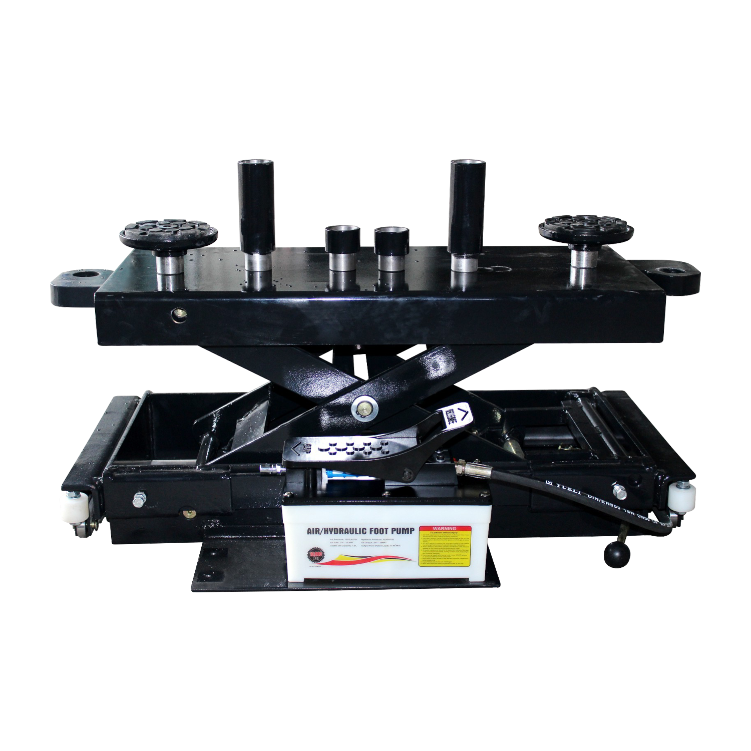 A black air pump rolling Jack with a set of adapters and pads. - 4 Post Wheel Alignment Hoist – 4 Ton | TLV4.0WHWA (includes rolling jack)