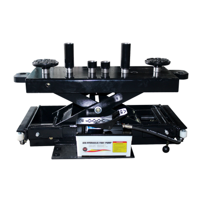 A black air pump rolling Jack with a set of adapters and pads. - 4 Post Wheel Alignment Hoist – 4 Ton | TLV4.0WHWA (includes rolling jack)