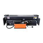 Close-up of an undercarriage jack used in vehicle lifts, featuring an orange hydraulic unit and a black platform for lifting.