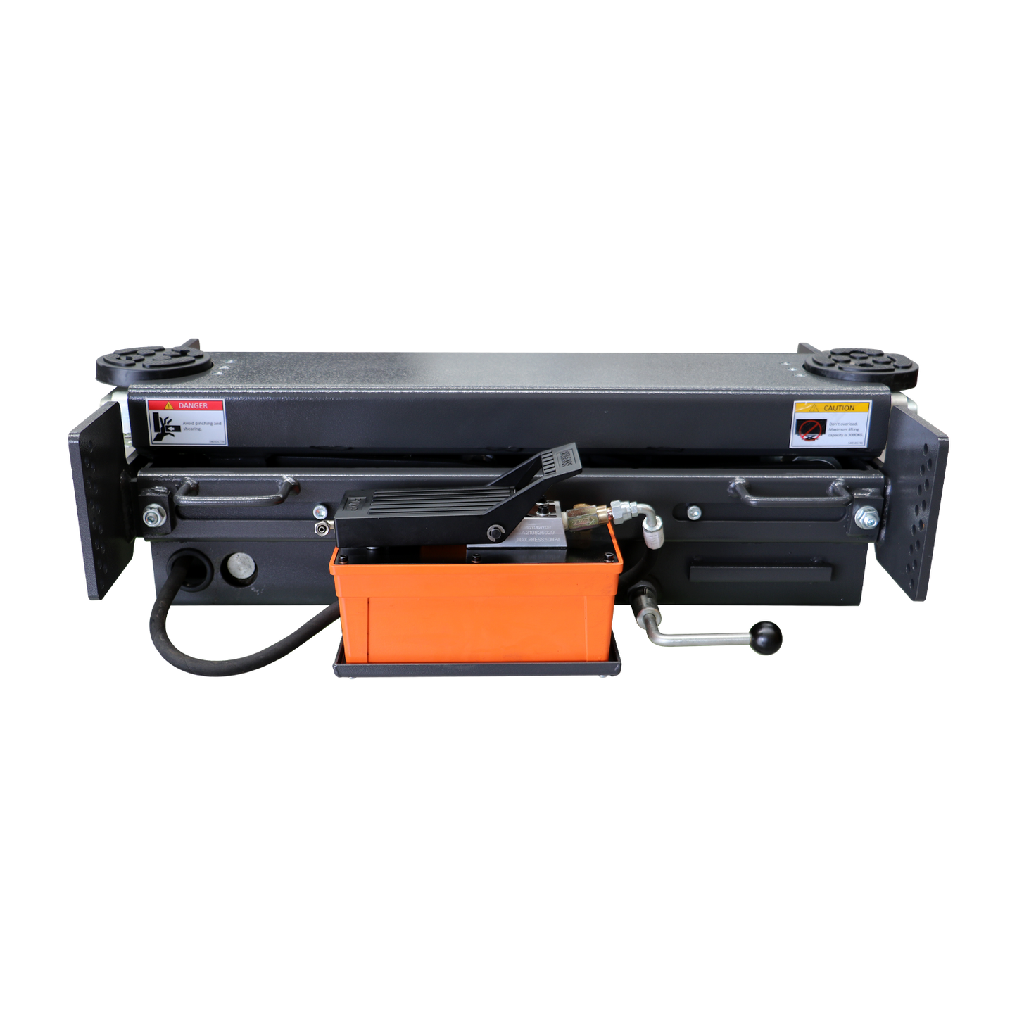 A grey and orange EAE rolling jack with a control pedal and hydraulic connections. The orange air pump container is visible at the base.