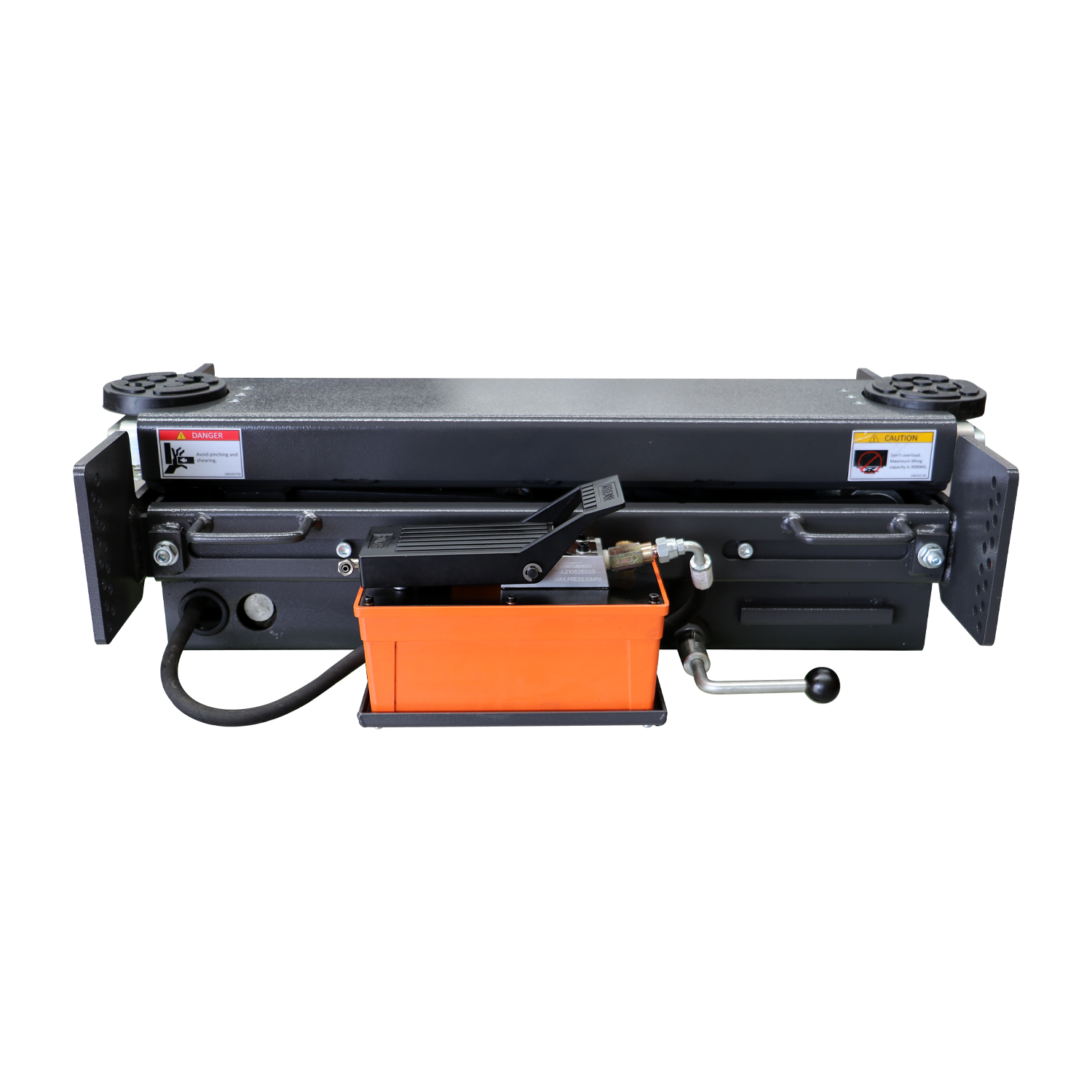 A grey and orange EAE rolling jack with a control pedal and hydraulic connections. The orange air pump container is visible at the base.