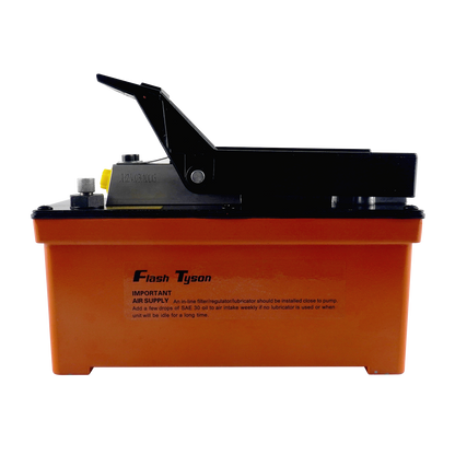 Hydraulic air pump for rolling jacks, featuring a compact orange reservoir base and black foot pedal for efficient pressure control. Designed for workshop and automotive applications, with clearly marked air supply instructions on the side.