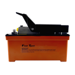 Hydraulic air pump for rolling jacks, featuring a compact orange reservoir base and black foot pedal for efficient pressure control. Designed for workshop and automotive applications, with clearly marked air supply instructions on the side.