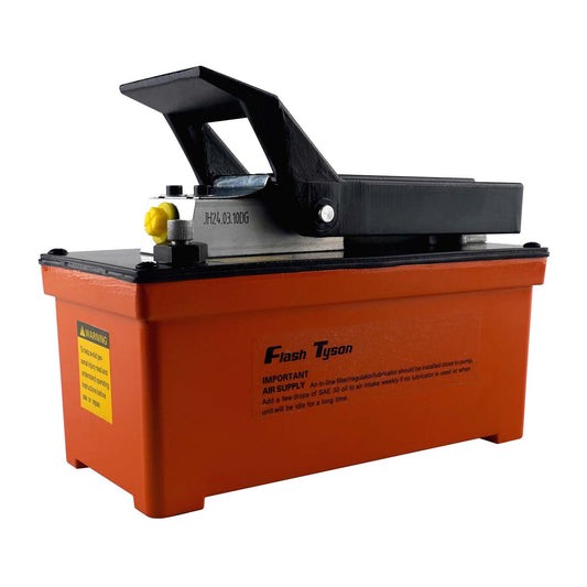 Angled side view of a hydraulic air pump for rolling jacks, with an orange reservoir base, black foot pedal, and yellow air valve. Designed for automotive and workshop use, featuring safety and air supply instructions on the side.