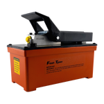 Angled side view of a hydraulic air pump for rolling jacks, with an orange reservoir base, black foot pedal, and yellow air valve. Designed for automotive and workshop use, featuring safety and air supply instructions on the side.