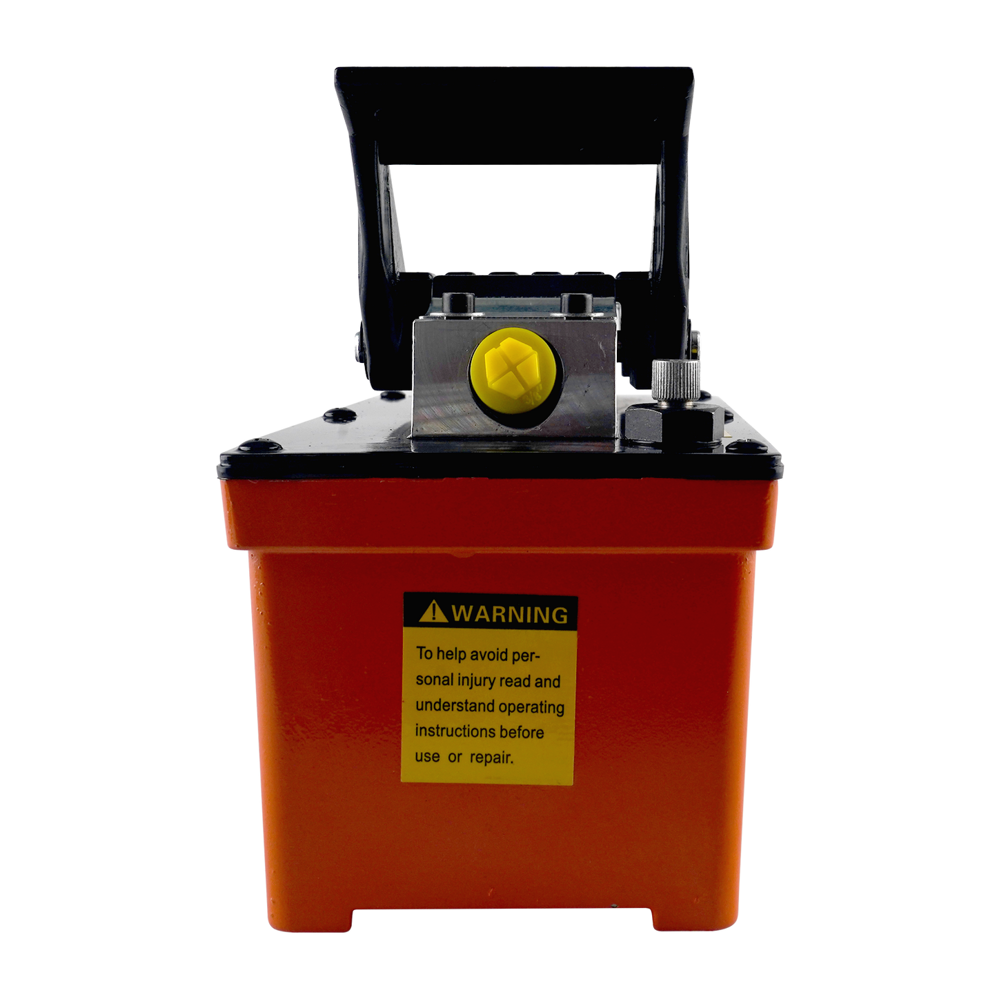 Front view of a hydraulic air pump for rolling jacks, showcasing an orange reservoir base, yellow air valve, and black foot pedal. Safety warning label is visible on the front, emphasizing proper use and injury prevention.