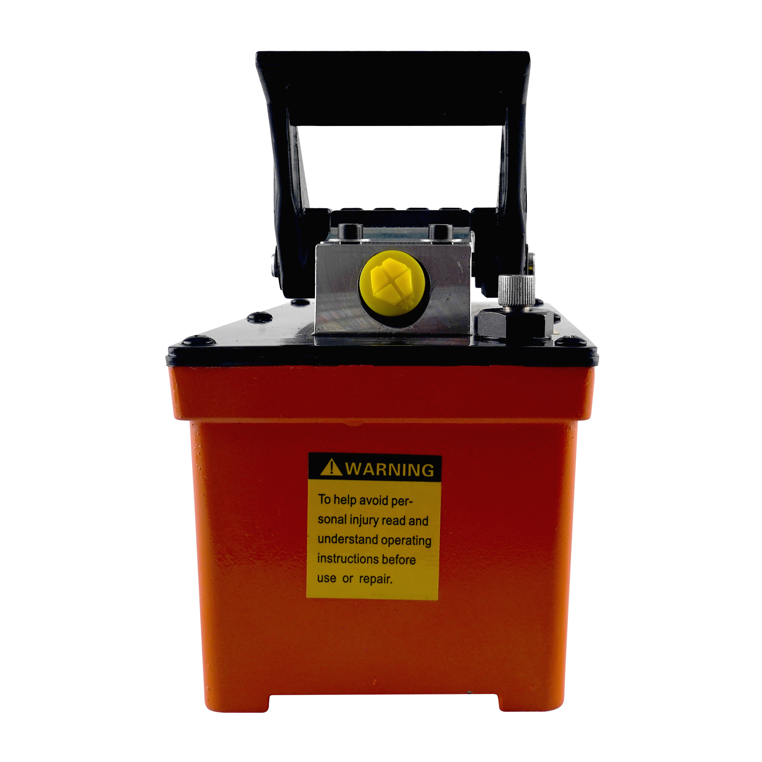 Front view of a hydraulic air pump for rolling jacks, showcasing an orange reservoir base, yellow air valve, and black foot pedal. Safety warning label is visible on the front, emphasizing proper use and injury prevention.