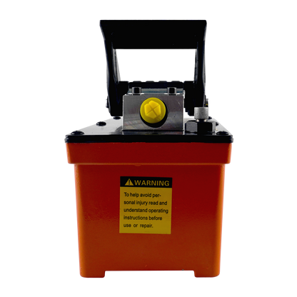 Front view of a hydraulic air pump for rolling jacks, showcasing an orange reservoir base, yellow air valve, and black foot pedal. Safety warning label is visible on the front, emphasizing proper use and injury prevention.