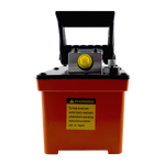 Front view of a hydraulic air pump for rolling jacks, showcasing an orange reservoir base, yellow air valve, and black foot pedal. Safety warning label is visible on the front, emphasizing proper use and injury prevention.