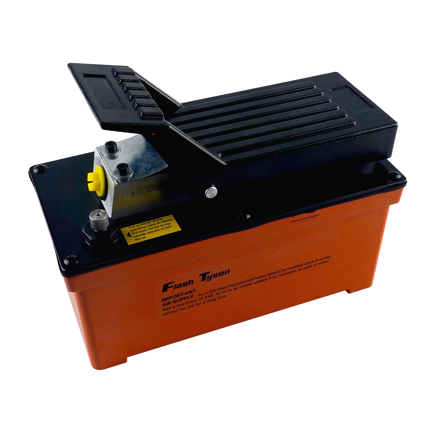 Top view of a hydraulic air pump for rolling jacks, featuring an orange reservoir base, black ribbed foot pedal, and yellow air valve. Compact design suitable for automotive workshops, with air supply instructions printed on the side.