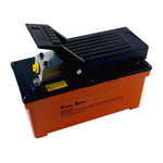 Top view of a hydraulic air pump for rolling jacks, featuring an orange reservoir base, black ribbed foot pedal, and yellow air valve. Compact design suitable for automotive workshops, with air supply instructions printed on the side.