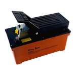 Top view of a hydraulic air pump for rolling jacks, featuring an orange reservoir base, black ribbed foot pedal, and yellow air valve. Compact design suitable for automotive workshops, with air supply instructions printed on the side.