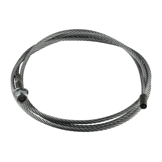 This image shows a 4 Post Car Hoist Cable with a diameter of 9.52mm, featuring M19 threads on one end. The cable is coiled and has a sturdy steel construction, designed for use in car hoist systems.