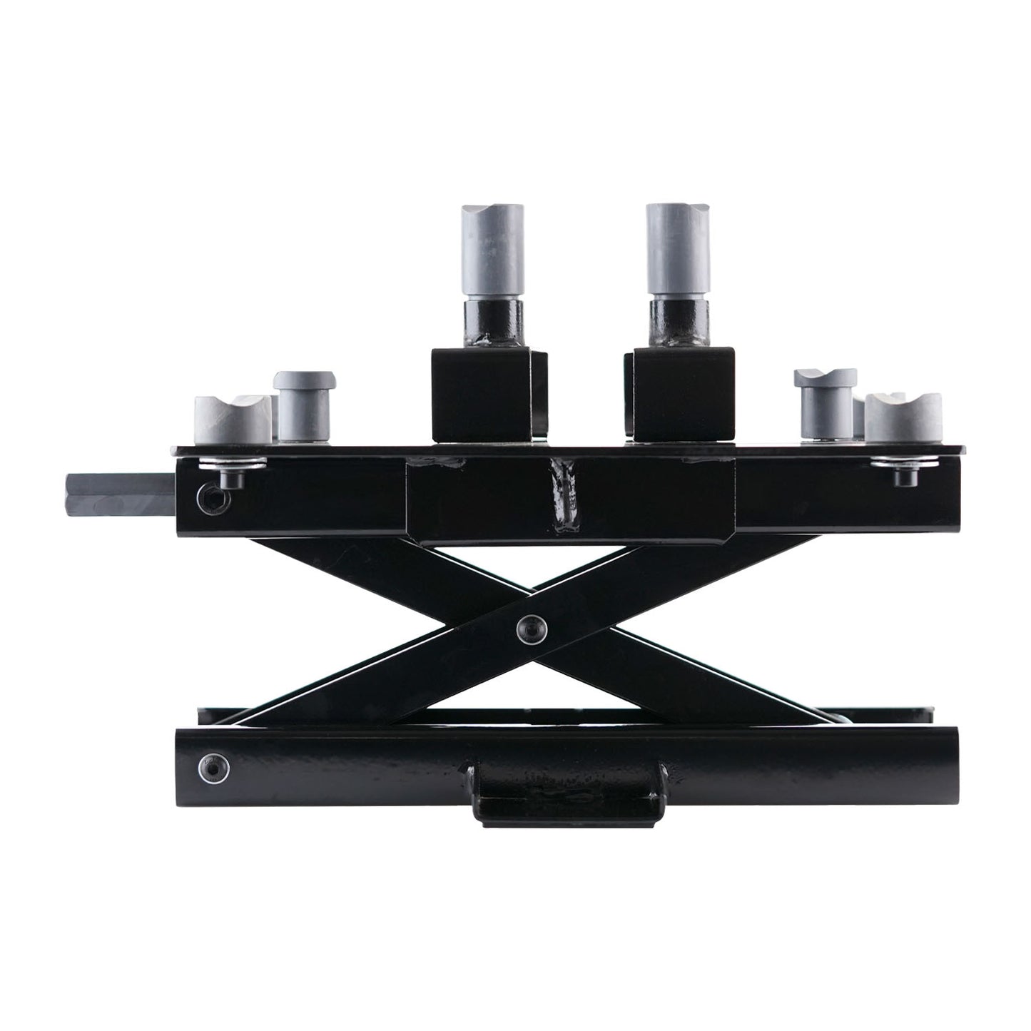 Black motorcycle bike jack with a scissor-style hydraulic mechanism