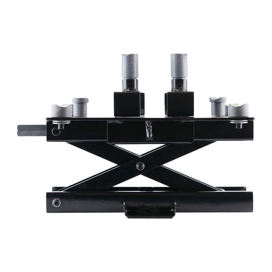 Black motorcycle bike jack with a scissor-style hydraulic mechanism