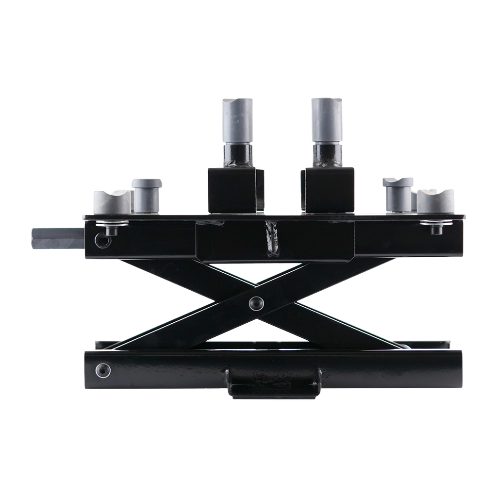 Black motorcycle bike jack with a scissor-style hydraulic mechanism