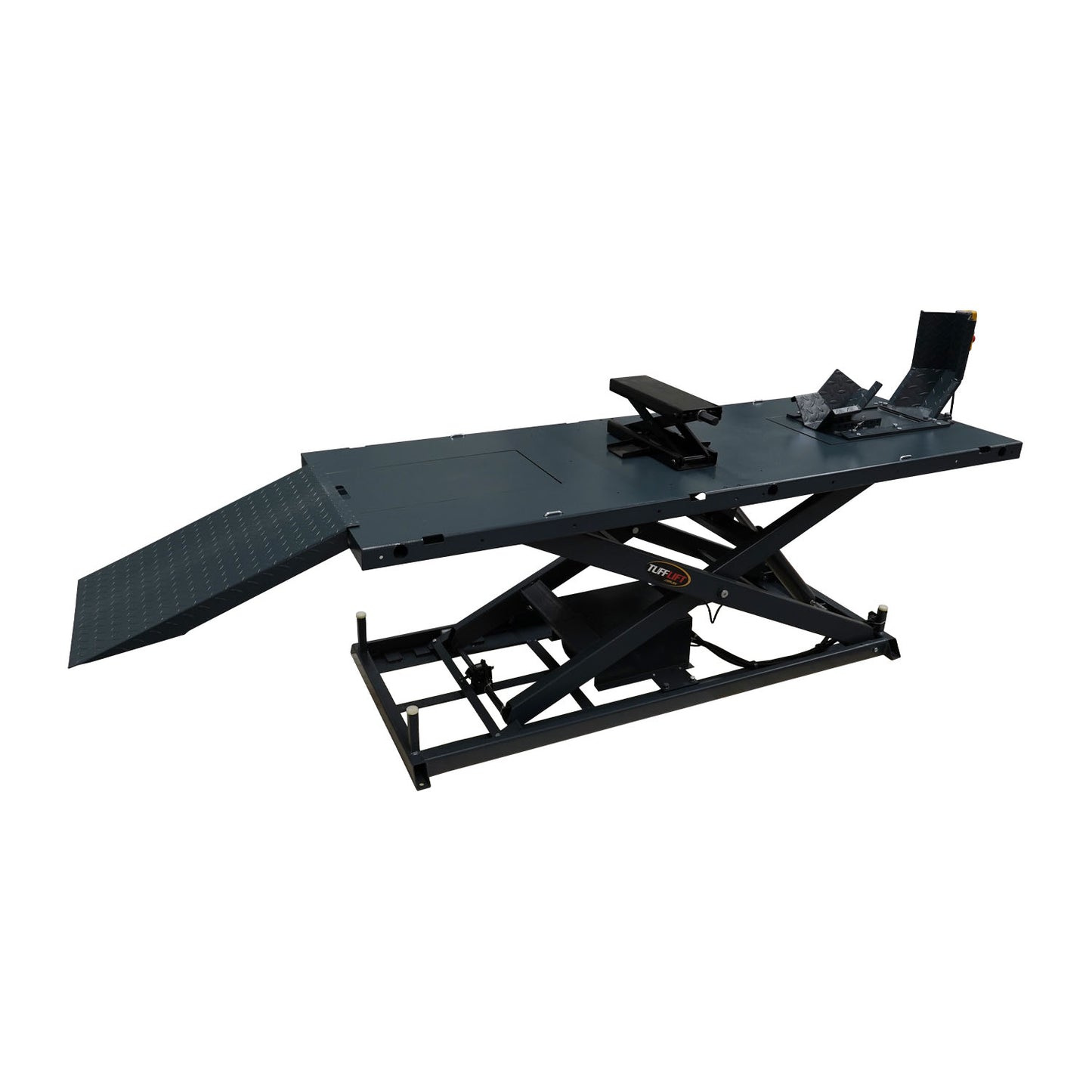 This image shows a motorcycle hoist with a ramp and an optional jack for lifting. 