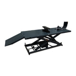 This image shows a motorcycle hoist with a ramp and an optional jack for lifting. 