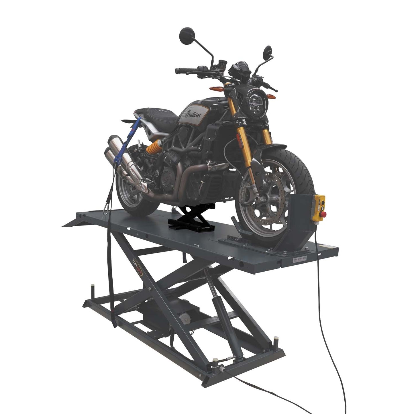 A motorcycle is securely positioned on a motorcycle hoist, with a optional jack lifting the bike for maintenance. The hoist is equipped with tie-downs and a control panel for easy operation.
