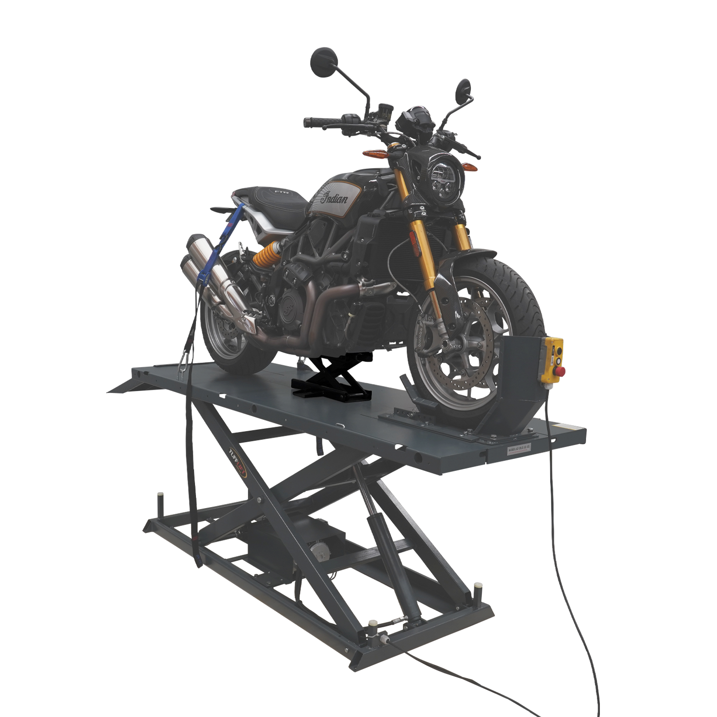 A motorcycle is securely positioned on a motorcycle hoist, with a optional jack lifting the bike for maintenance. The hoist is equipped with tie-downs and a control panel for easy operation.