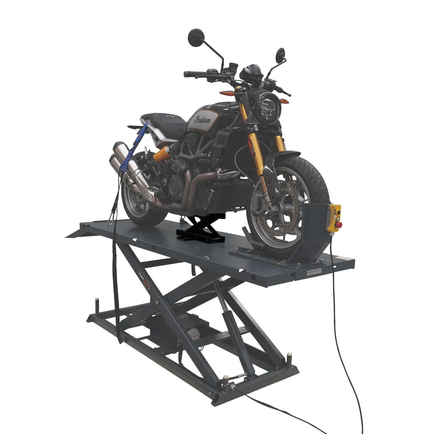 A motorcycle is securely positioned on a motorcycle hoist, with a optional jack lifting the bike for maintenance. The hoist is equipped with tie-downs and a control panel for easy operation.