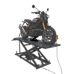A motorcycle is securely positioned on a motorcycle hoist, with a optional jack lifting the bike for maintenance. The hoist is equipped with tie-downs and a control panel for easy operation.