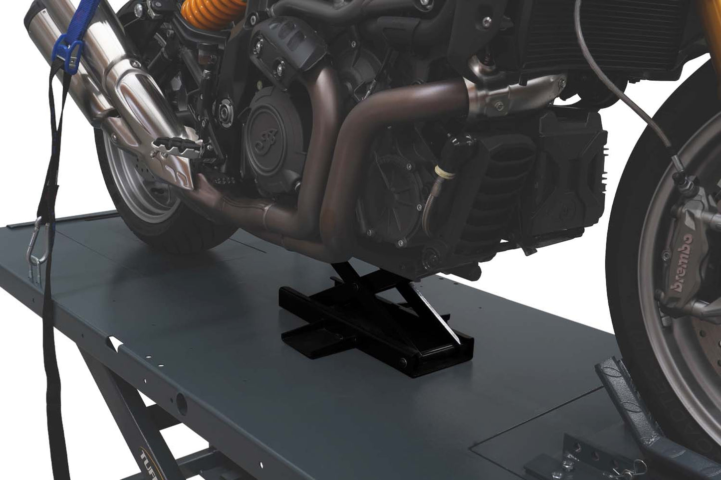 A motorcycle is positioned on a hoist, with an optional jack lifting the bike for maintenance. The hoist is equipped with tie-down straps and a sturdy platform, ensuring stable support during work.
