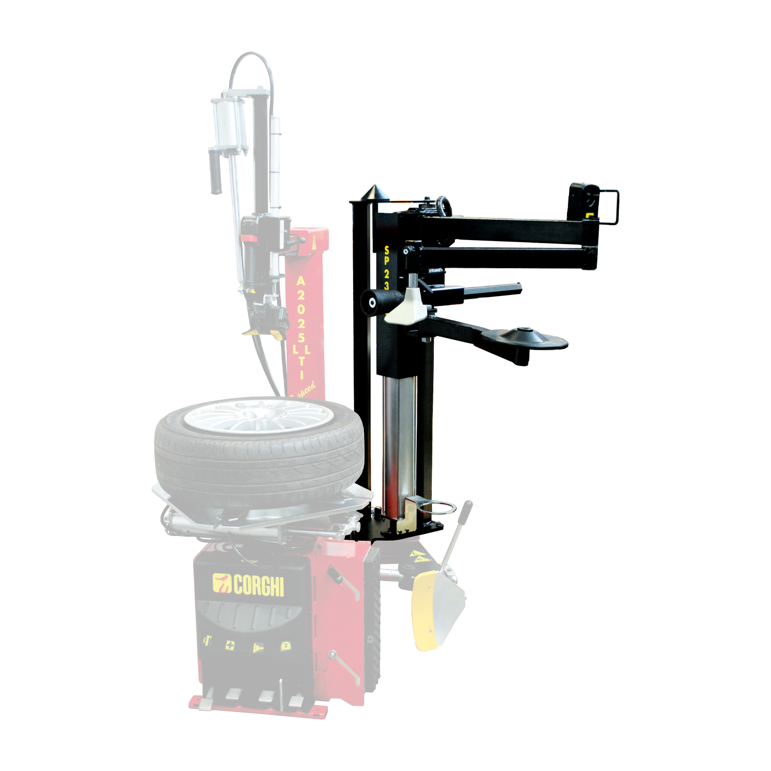 The image shows the Corghi A2025LLi tyre changer, equipped with the SP2300 assist arm. This combination is designed to handle tire mounting and demounting processes efficiently, particularly with challenging tire types like run-flats. The assist arm provides extra support, improving safety and precision in tire servicing operations.