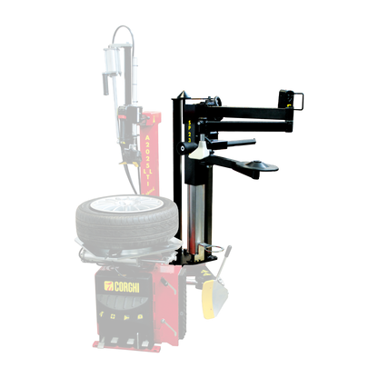 The image shows the Corghi A2025LLi tyre changer, equipped with the SP2300 assist arm. This combination is designed to handle tire mounting and demounting processes efficiently, particularly with challenging tire types like run-flats. The assist arm provides extra support, improving safety and precision in tire servicing operations.