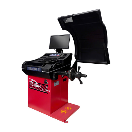 COSENG SP766NLW magnetic levitation wheel balancer with open hood and LCD screen – high-performance tyre balancing solution for professional garages.