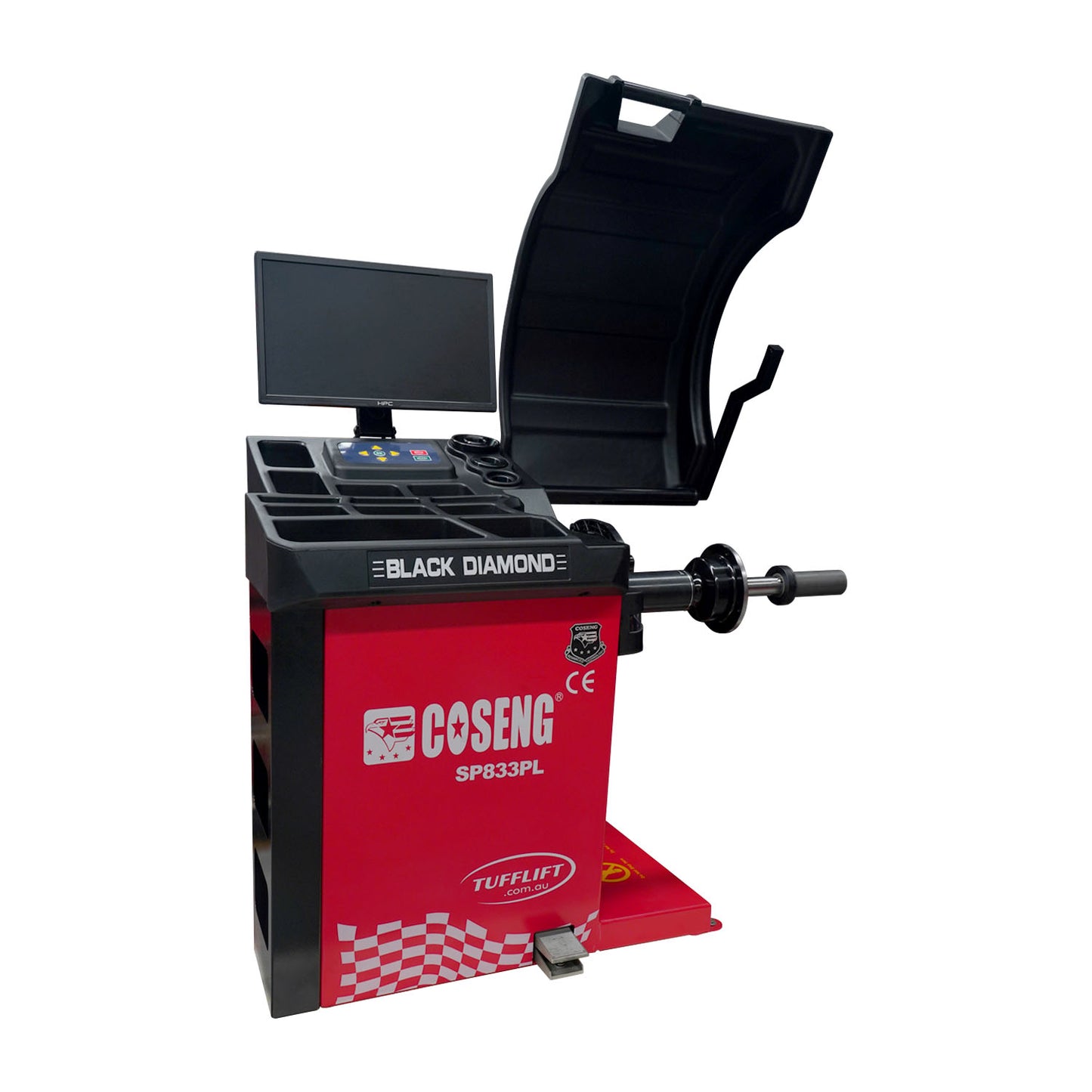 Side view of SP833PL Magnetic Levitation Wheel Balancer showing red body and digital screen.
