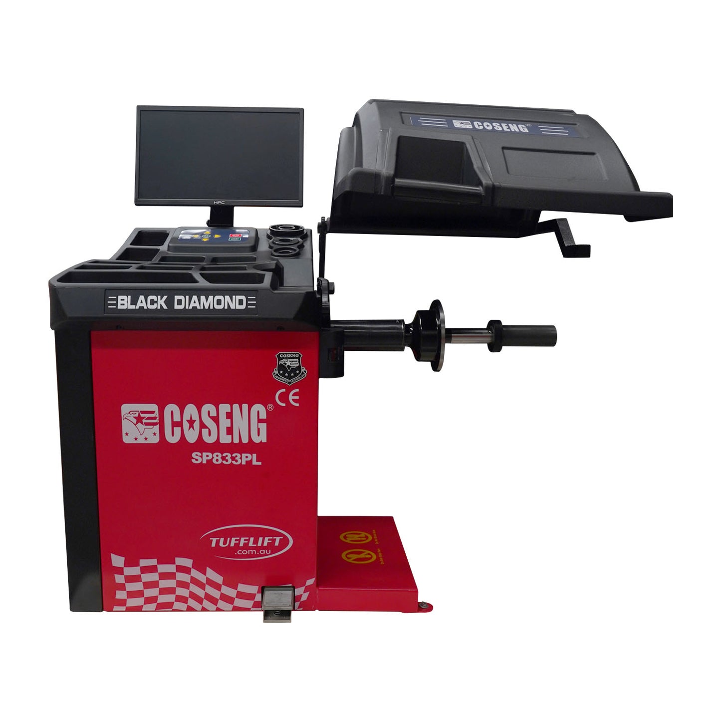 Front view of Tufflift SP833PL wheel balancer with wheel mounted on spindle.
