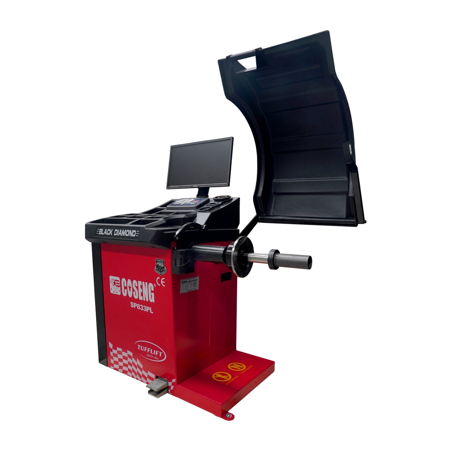 Three-quarter front view of Tufflift SP833PL wheel balancer with hood open and control panel.