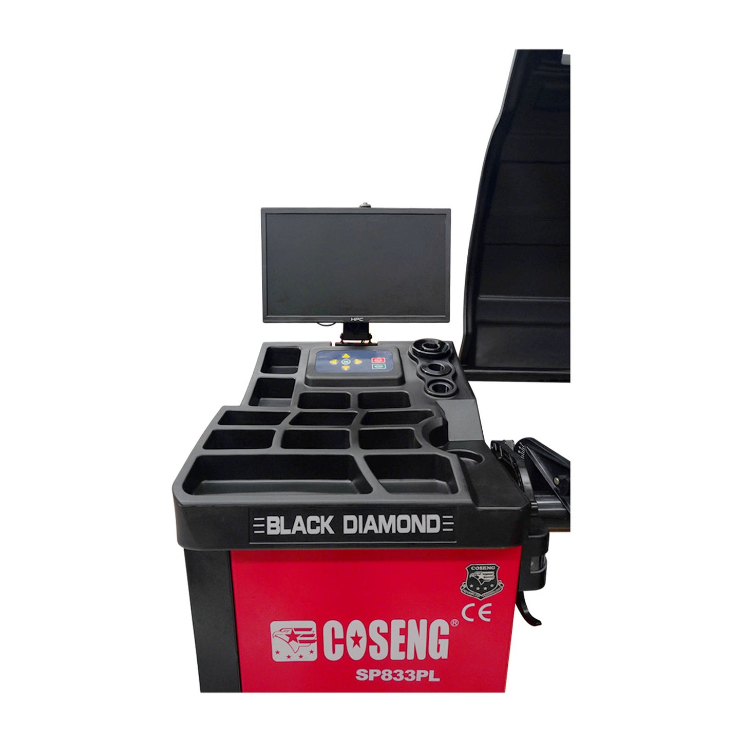 Tufflift SP833PL Power Clamp Magnetic Levitation Wheel Balancer with digital display and hood open, front view.