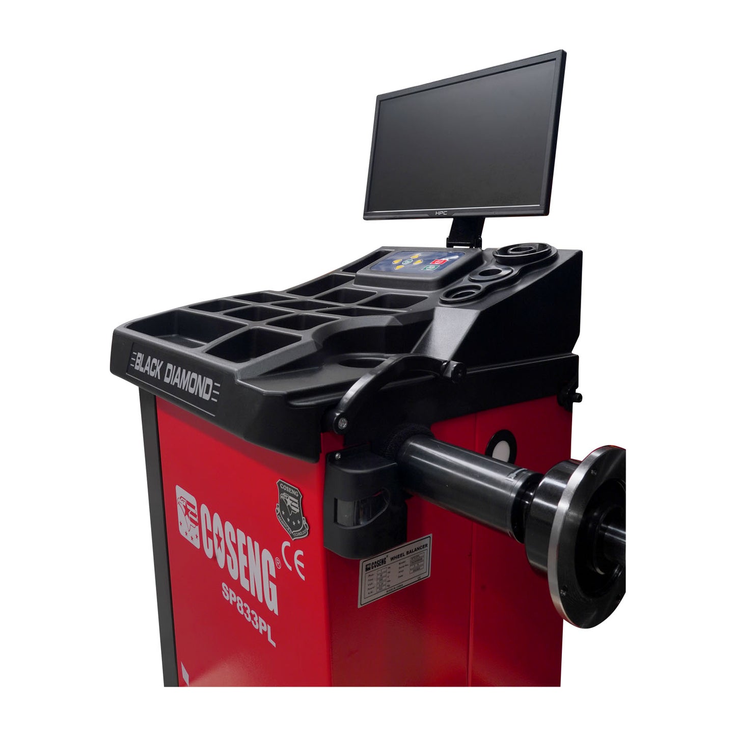 Angled side view of SP833PL wheel balancer, showing the ergonomic layout of the machine.