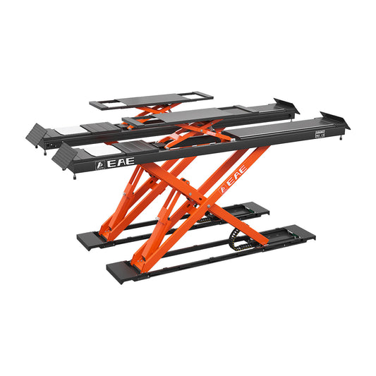Orange and black alignment scissor lift, with additional lift in the middle 