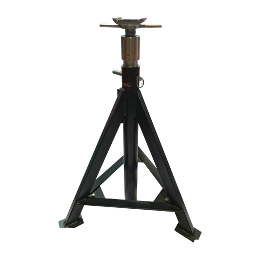 Heavy-duty support frame jack with a triangular base and adjustable screw top, designed for securely stabilizing lifted vehicles. Rated to support high loads, ideal for use with 4-post or scissor lifts.