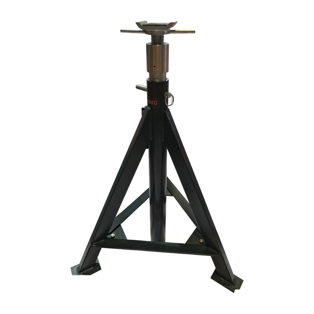 Heavy-duty support frame jack with a triangular base and adjustable screw top, designed for securely stabilizing lifted vehicles. Rated to support high loads, ideal for use with 4-post or scissor lifts.