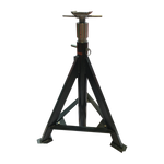 Heavy-duty support frame jack with a triangular base and adjustable screw top, designed for securely stabilizing lifted vehicles. Rated to support high loads, ideal for use with 4-post or scissor lifts.