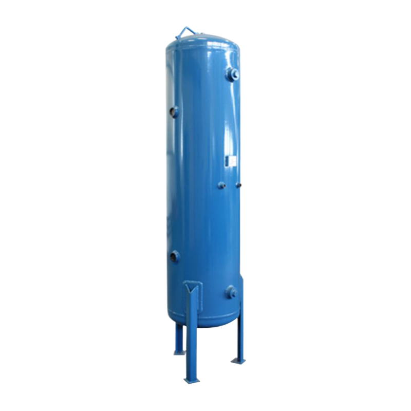 Vertical air compressor tank standing upright on three legs, colored in bright blue with multiple ports and a pressure gauge visible on the body. - McMillan Vertical Air Receiver Kit | T300V + TKIT15/300-V