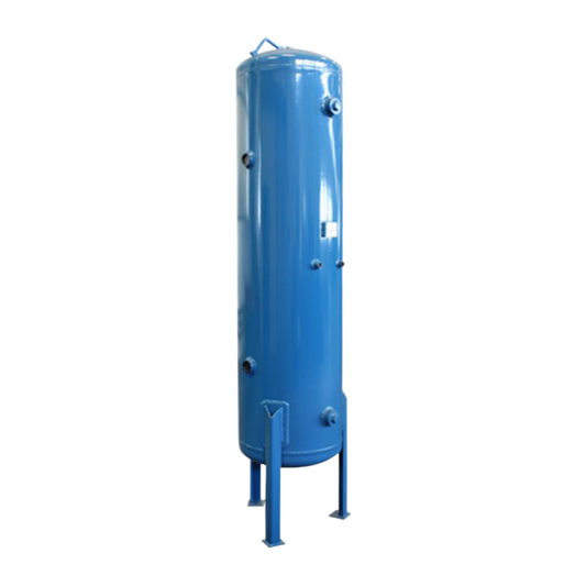 Vertical air compressor tank standing upright on three legs, colored in bright blue with multiple ports and a pressure gauge visible on the body. - McMillan Vertical Air Receiver Kit | T300V + TKIT15/300-V