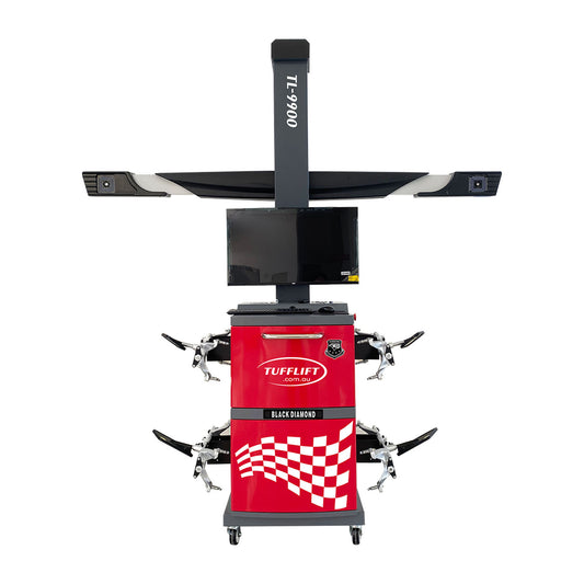 Front view of the Tufflift TL-9900 3D Wheel Aligner featuring SureAlign™ software, high-precision camera beam, and compact cabinet with integrated clamps