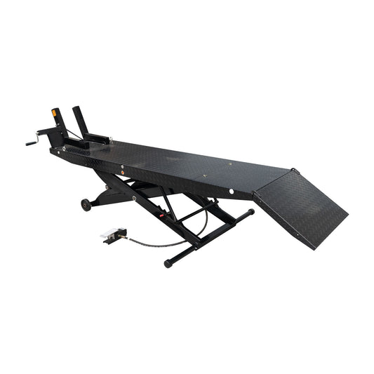 Hydraulic motorcycle hoist with a black diamond plate surface and ramp, designed for lifting and securing motorcycles during maintenance and repairs. - Motorcycle Hoist Drop Tail - 450 Kg | TL.45MH