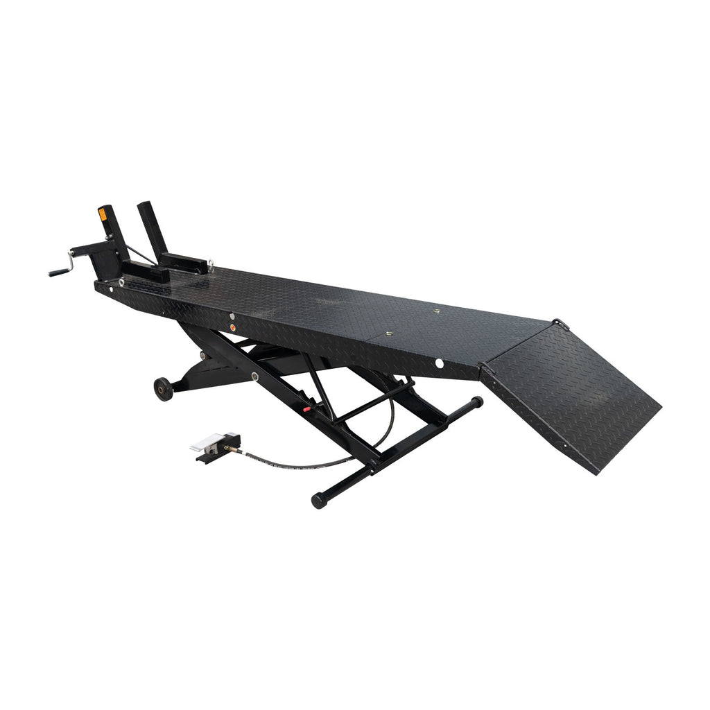 Hydraulic motorcycle hoist with a black diamond plate surface and ramp, designed for lifting and securing motorcycles during maintenance and repairs. - Motorcycle Hoist Drop Tail - 450 Kg | TL.45MH