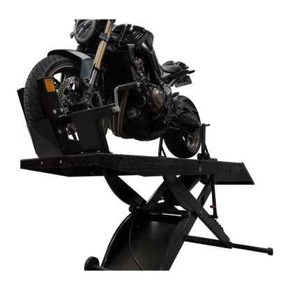 A black motorcycle securely positioned on a hydraulic motorcycle lift, ideal for maintenance and repairs. - Motorcycle Hoist Drop Tail - 450 Kg | TL.45MH