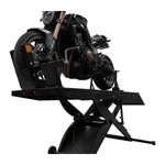A black motorcycle securely positioned on a hydraulic motorcycle lift, ideal for maintenance and repairs. - Motorcycle Hoist Drop Tail - 450 Kg | TL.45MH