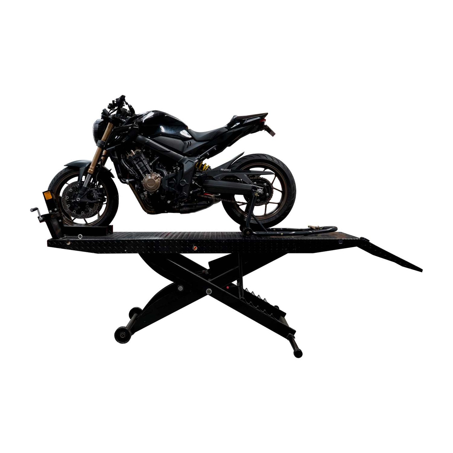 A black motorcycle on a hydraulic motorcycle hoist, showcasing the lift's sturdy design for motorbike maintenance and repairs. - Motorcycle Hoist Drop Tail - 450 Kg | TL.45MH