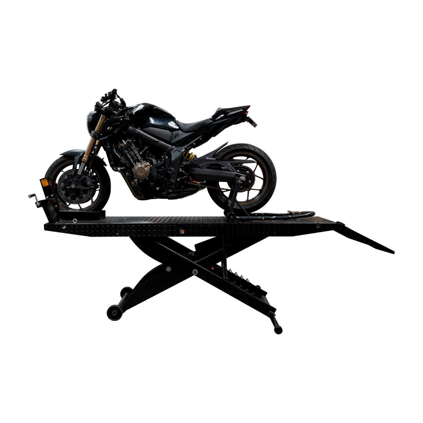 A black motorcycle on a hydraulic motorcycle hoist, showcasing the lift's sturdy design for motorbike maintenance and repairs. - Motorcycle Hoist Drop Tail - 450 Kg | TL.45MH