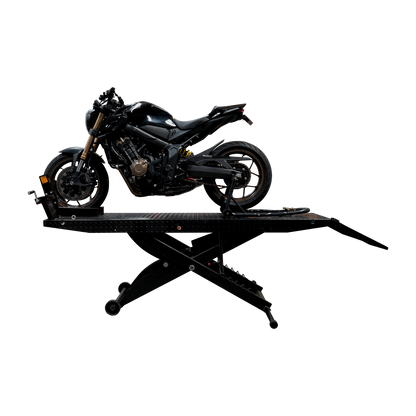 A black motorcycle on a hydraulic motorcycle hoist, showcasing the lift's sturdy design for motorbike maintenance and repairs. - Motorcycle Hoist Drop Tail - 450 Kg | TL.45MH